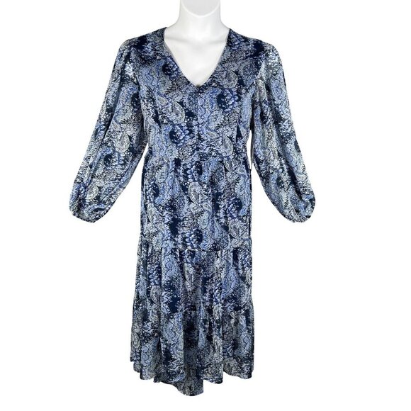 NWT Joie L Midi Dress Blue White Abstract Bohemian Balloon Sleeves Chiffon Flowy - Picture 1 of 16